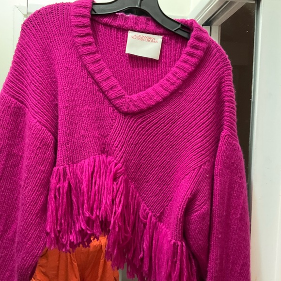 Alejandra Alonso Rojas. Cashmere Wool Blend Vee Neck Sweater w/ Fringe. Cropped. - Picture 12 of 13